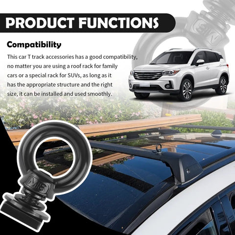 Close-up of 4 Piece Car Tie Down Anchors For T Slot Roof Rack M8 Stainless Steel Bolts With Retaining Rings on a car roof rack.