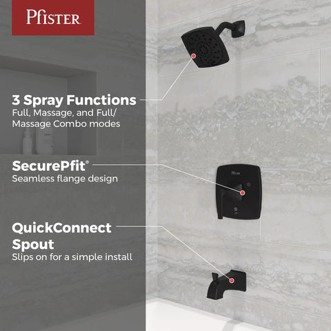 Tub And Shower Trim Kit With Valve And Cartridge, Single Handle, 3 Function Shower Head, Tub Spout, Slick Matte Black Finish