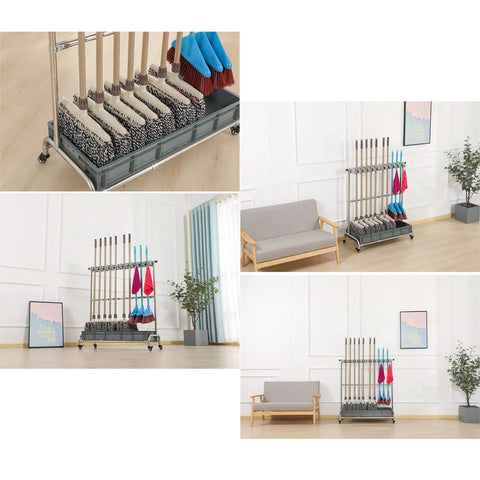 Movable Broom And Mop Rack Cart With Wheels For Cleaning Tools Stainless Steel Storage Organizer For Garages Hotels Schools And Restaurants