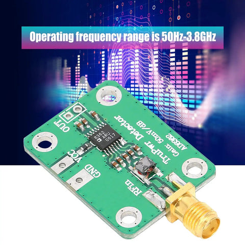 RF Detector Module AD8362 50Hz-3.8GHz wideband RF power monitor with green PCB mount and screw connector, showing frequency range.