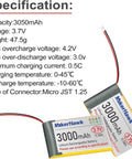 Beefy 3.7V 3000mAh LiPo Battery 1S With Protection Board Micro JST 1.25 Plug For Arduino ESP32 Development Board Two Pack
