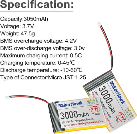 Beefy 3.7V 3000mAh LiPo Battery 1S With Protection Board Micro JST 1.25 Plug For Arduino ESP32 Development Board Two Pack