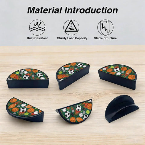 Five Two Pack Customizable Panel Cabinet Handles, 3 Inch Center Hole Semicircle Drawer Pulls, Solid Zinc Alloy, Black Base on wood surface.
