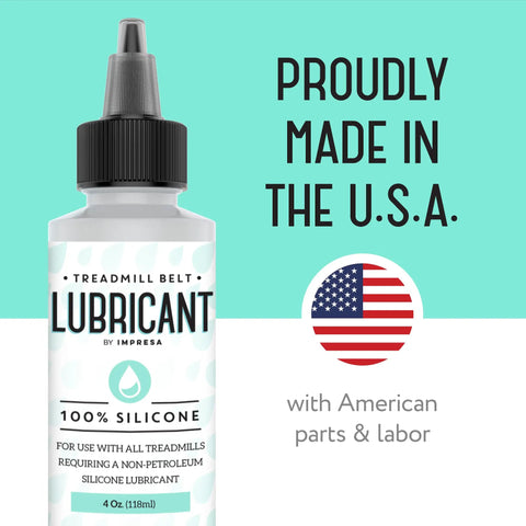 100 Percent Silicone Treadmill Lubricant For Quiet Belt Performance, Made in USA label and 4 oz bottle with applicator tip