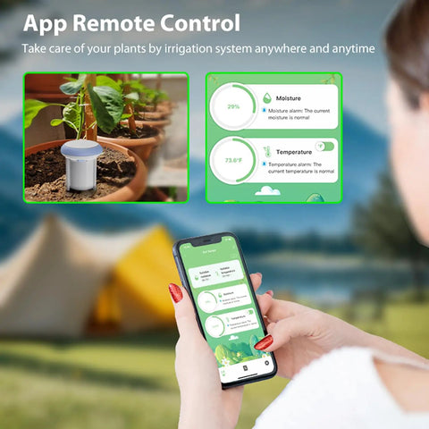 WiFi Soil Moisture And Temperature Sensor For Lawn Garden And Greenhouse With Real Time App Alerts No Hub Needed IP65 Waterproof Compatible With Smart Life Tuya Apps A Practical Gift For Any Gardener Seeking Precise Watering And Plant Health shown monitoring plant health with app control on smartphone.