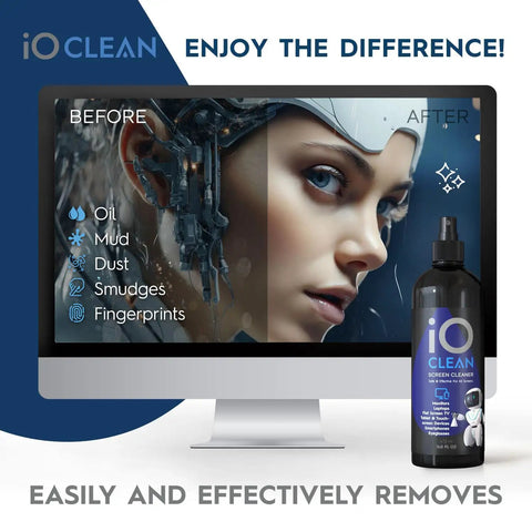 Image of a computer monitor showing before and after cleaning with Screen Cleaner Spray 16 Oz All In One Cleaning Kit For LCD LED OLED TVs Smartphones Tablets Laptops Monitors And Other Devices Includes Microfiber Cloth Wipes And Dual Nozzle Bottles For Fast Smudge Free Shine.