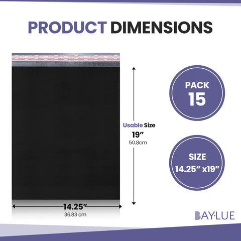 Black Poly Bubble Mailers 14.50x20 Inch Self Seal Large Padded Envelopes Air Cushioned Mailers Waterproof Lightweight Shipping Bags 15 Pack For Large Item Shipping And Bulk Mailing Convenience showing dimensions and pack size