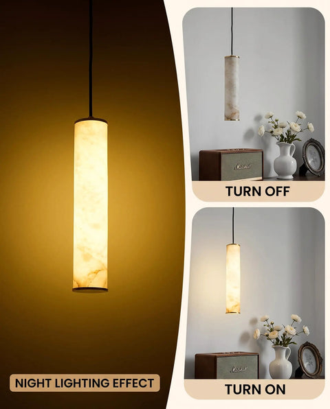 Omgomne Natural Spanish Alabaster Pendant Light 11.8 inch showing night lighting effect with warm glow and modern decor.