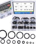 Carbon Steel Compression Type Wavy Crinkle Spring Washers 320 Piece Assortment Kit With Mixed Diameters And Thicknesses For Heavy Duty Fastening High Strength Abrasion Resistance And Long Lasting Durability in a transparent box with various sizes displayed.