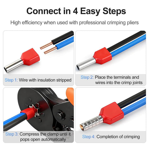 Twin Insulated Ferrule Crimp Connectors For Heavy Duty 22 AWG 0.5 MM2 Copper Wire Pin Cord End Terminals TE0508 installation steps