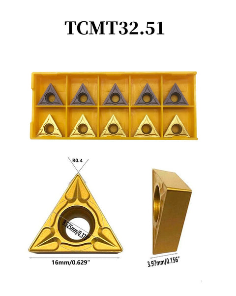 3/4-inch shank chamfering tool holder with 10 TCMT32.51/32.52 carbide inserts in yellow storage tray