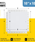 Rock Solid 18 X 18 Inch Metal Access Panel With Bead Flange showing measurements for overall, door opening, and cut-out size.