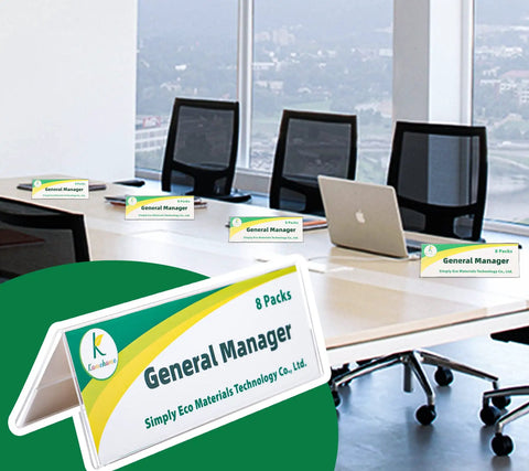 Office setup with Eight Pack Clear Acrylic Desk Name Plates With Double Sided Name Tent Stands 8.45 By 3 Inches on table