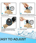 RV water pressure regulator valve, lead-free brass with gauge and adjustable knob (tool-free), front view