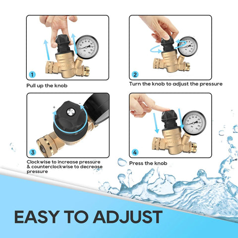 RV water pressure regulator valve, lead-free brass with gauge and adjustable knob (tool-free), front view