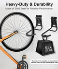 Slatwall Bike Hooks Heavy Duty PVC Coated Wall Mount Vertical Bicycle Storage Rack Four Pack holding bicycle and weight