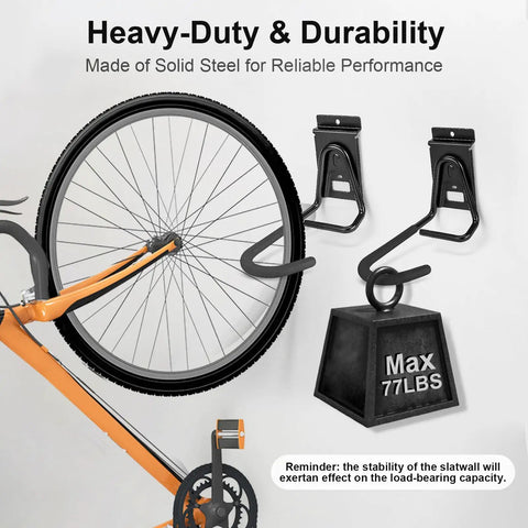 Slatwall Bike Hooks Heavy Duty PVC Coated Wall Mount Vertical Bicycle Storage Rack Four Pack holding bicycle and weight