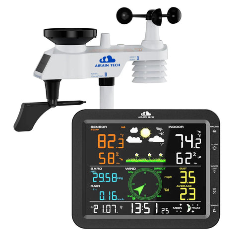 10-In-1 Wireless Weather Station with Outdoor Sensor, LCD display showing real-time weather data including temperature, humidity, wind.