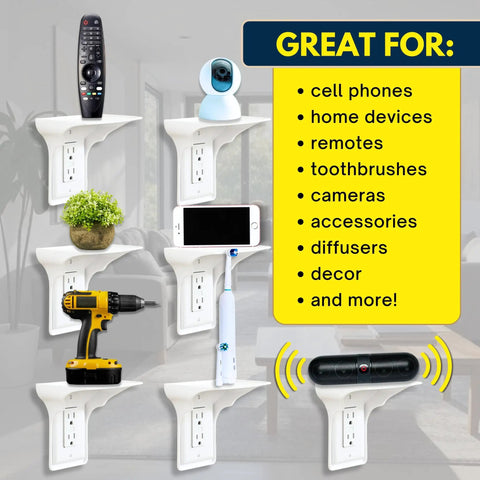 Floating Wall Outlet Shelf With Cord Storage Strap For Bedroom, Bathroom And Kitchen No Drill Needed To Reclaim Counter Space And It Fits Echo Dot, Alexa Stand, HomePod Mini, And More In White 1 Pack