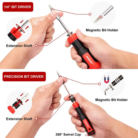 Close-up of hands using 191 In 1 Electronics Precision Screwdriver Set with Magnetic Driver Kit showcasing extension and bit holder.