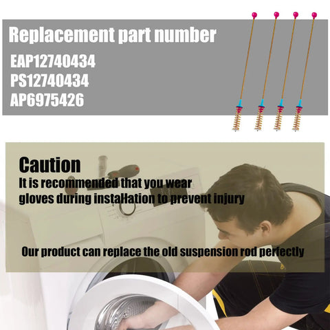Man installing DC97-16350V 27.6 Inch Washer Damper Assembly on front-load washer with caution text.