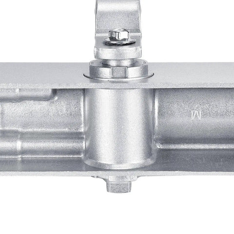 Close-up of Beefy Heavy Duty Fire Rated Overhead Door Closer With Adjustable Closing Speed, metal body detail.