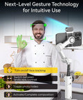 3 Axis Phone Gimbal With AI Tracking Sensor in kitchen setting with gesture controls displayed on screen