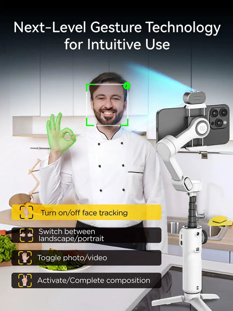 3 Axis Phone Gimbal With AI Tracking Sensor in kitchen setting with gesture controls displayed on screen