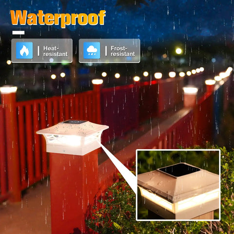 12 Pack Solar Post Cap Lights For Outdoor Decks And Fences, Waterproof Post Caps, showing warm light mode in rain on wooden post.