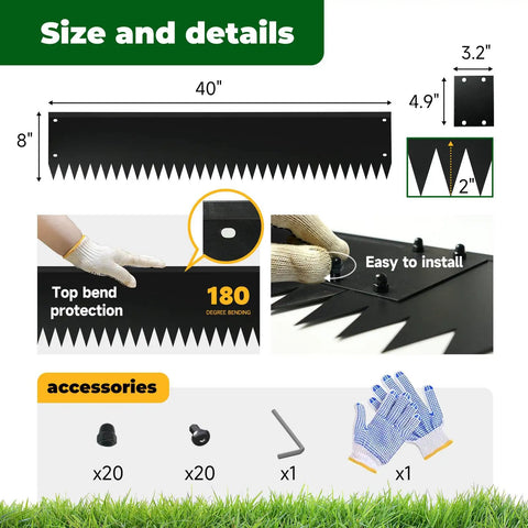 Galvanized Steel Garden Edging 40 Inch Strips With 180 Degree Bend And Top Edge Protection showing dimensions and accessories.