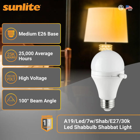 Shabbat Permissible ShabBulb LED Light Bulb 7W Equivalent 3000K Warm White with easy slide lever; lamp background, E26 base