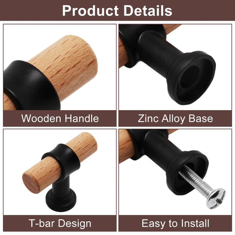 Close-up of Six Pack Natural Beech Wood Drawer Knobs with black zinc alloy base, showing wooden handle, T-bar design, and screw detail.