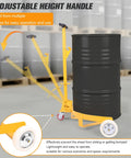 55 Gallon Drum Dolly With Swivel Wheels For Heavy Duty Drum Transport Haul Up To 1200 Lbs Like A Boss Durable Steel Construction Adjustable Ergonomic Handle From 28.94 To 38.4 Inches 360 Degree Steering For Smooth Moves. Yellow steel drum dolly with adjustable handle and 55-gallon barrel