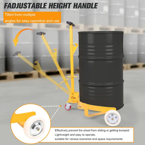 55 Gallon Drum Dolly With Swivel Wheels For Heavy Duty Drum Transport Haul Up To 1200 Lbs Like A Boss Durable Steel Construction Adjustable Ergonomic Handle From 28.94 To 38.4 Inches 360 Degree Steering For Smooth Moves. Yellow steel drum dolly with adjustable handle and 55-gallon barrel