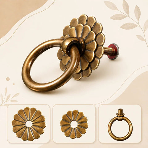 Close-up of a Six Piece Antique Brass Cabinet Ring Pulls Bringing A Flat Out Vintage Drop Ring Vibe To Your Kitchen Cabinets Ideal For Fast Furniture Refreshes And Smooth Daily Access with floral backplate.
