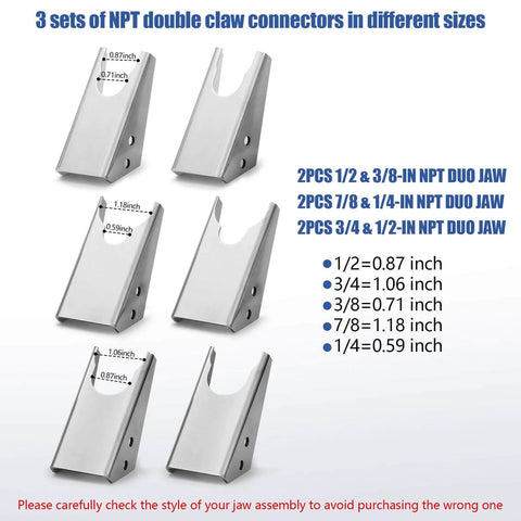 3 sets of NPT double claw connectors in different sizes for 18 Inch Hydraulic Quick Connect Hand Clamp Tool Set With 6 NPT Dual Jaw Configurations And Storage Bag For Hydraulic Pipe Clamps And Flat Face Quick Couplers Fits Excavators Loaders Cranes And More Workhorse Pro Grade