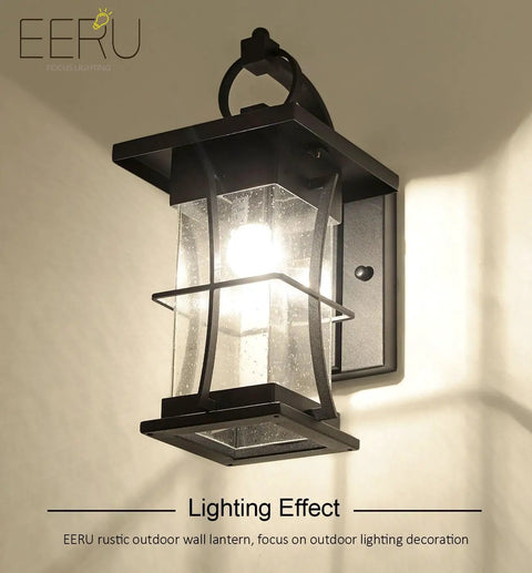 Outdoor Dope Wall Sconces Matte Black Metal Lanterns With Clear Seeded Glass Waterproof Exterior Lighting mounted on wall