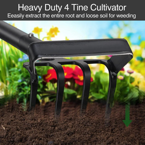 Stirrup Hoe And Cultivator Garden Tool Heavy Duty With 4 Tine Weeder And Long Adjustable Handle From 32 To 62 Inches