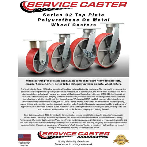 Image showing heavy-duty 10 Inch Swivel Top Plate Caster Built Tough With Red Poly On Cast Iron Wheel And Side Lock Brake Heavy Duty Industrial Caster For Tough Jobs 3,000 Lbs Capacity, emphasizing durability and industrial use.