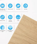 PVC 3D Wave Wall Panels Wood Brown Texture for Interior Decor with features like waterproof and easy to maintain icons shown.
