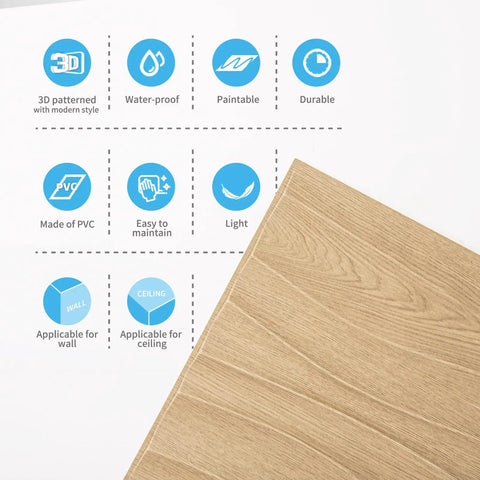 PVC 3D Wave Wall Panels Wood Brown Texture for Interior Decor with features like waterproof and easy to maintain icons shown.