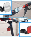 Close-up of Night Ride Safe Bicycle Reflector Kit 6 Pcs Front White and Rear Red Reflectors Mounted on Mountain Bike Handlebars and Seatpost