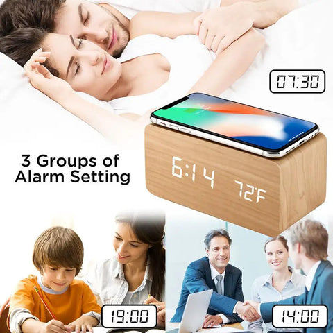Dope Wooden Digital Alarm Clock With Qi Wireless Charging Pad For iPhone Samsung Featuring Smart Clap Activated Wake Light Plus Room Temperature Tracker next to sleeping couple.