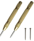 Built Tough Automatic Center Punch 2 Pack Spring Loaded Steel Marking Tool Includes Spare Tips shown in brass finish with extra tips.