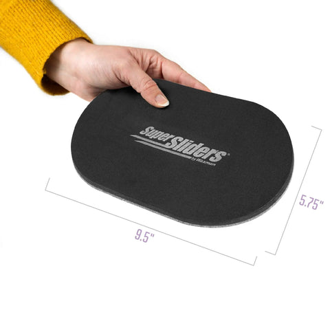 XL Oval Felt Furniture Sliders For Hard Surfaces Set Of 4 Reusable Anti Slip Moving Pads For Beds Sofas Dressers And Tables Protect Hardwood Floors While Easily Moving Heavy Items shown in hand, size 5.75x9.5 inches.