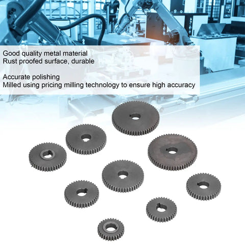 Heavy Duty 9 Piece Metal Gear Set For Mini Lathe Precision Machined Rust Proof Replacement Parts T60 T50 T45 T40 T35 T30 CJ0618 Compatible displayed on a workbench.