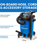 Heavy Duty 8 Gallon Wet Dry Shop Vac Delivering 75 Cfm Raw Heavy Lifting Suction For Serious Garage Cleanups Includes 17 Foot Extender Hose Seven Tough Cleaning Tools And Wide Base Rollers For True Workhorse Simplicity with hose storage and durable tank.