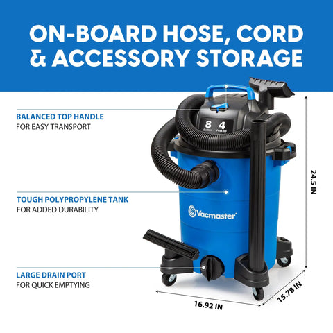 Heavy Duty 8 Gallon Wet Dry Shop Vac Delivering 75 Cfm Raw Heavy Lifting Suction For Serious Garage Cleanups Includes 17 Foot Extender Hose Seven Tough Cleaning Tools And Wide Base Rollers For True Workhorse Simplicity with hose storage and durable tank.