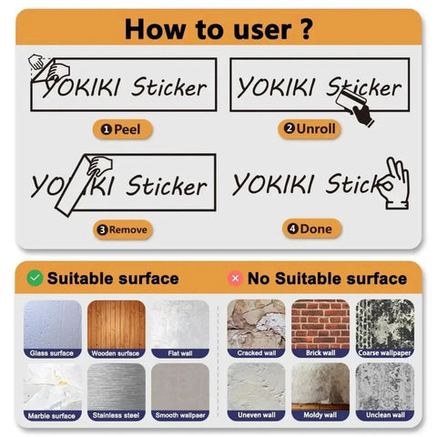 Instructions for YOKIKI Sticker application and suitable surfaces, with images of smooth and unsuitable textures.