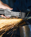 Multi-Purpose Electric Die Grinder Kit With 6 Variable Speeds in use on metal, sparks flying, black compact design